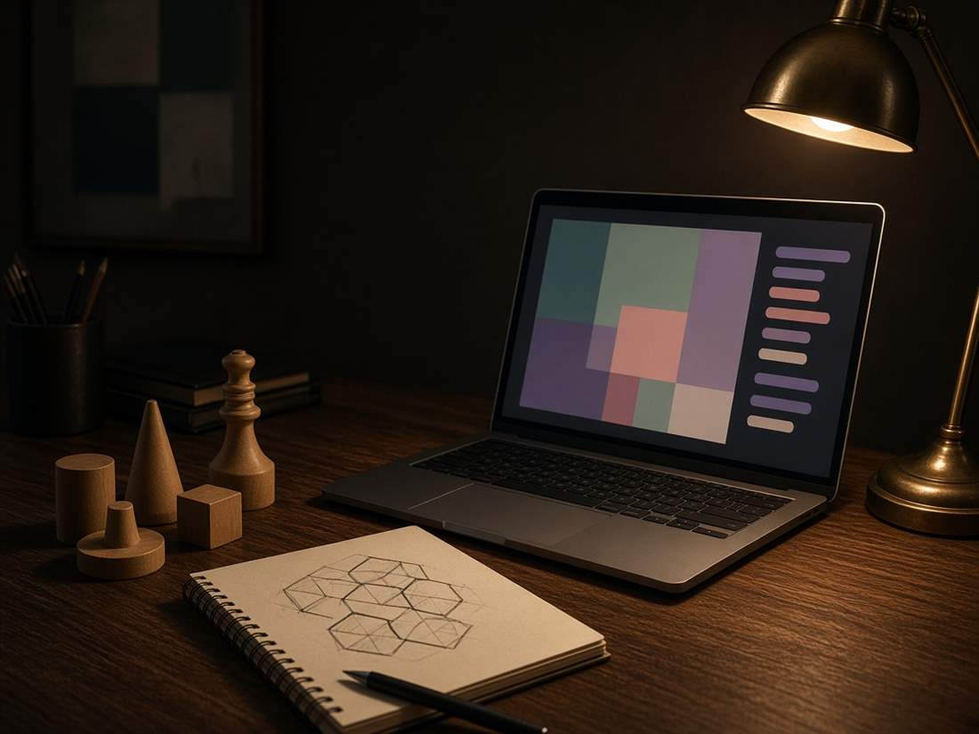 Íróasztal lámpával, laptopon színes blokkok, füzetben hatszög rajz, fa figurák